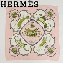 ◆HERMES エルメス カレ90 SPRINGS スプリングス シルク100％ 馬車柄 大判 ストール ベビーピンク_画像1