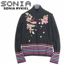 ◆SONIA RYKIEL ソニアリキエル ボーダー柄使い ラインストーン装飾 フラワー刺繍 ウール ハイネック ニット セーター 黒 ブラック 40_画像1