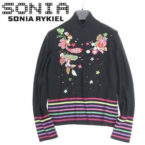 ◆SONIA RYKIEL ソニアリキエル ボーダー柄使い ラインストーン装飾 フラワー刺繍 ウール ハイネック ニット セーター 黒 ブラック 40