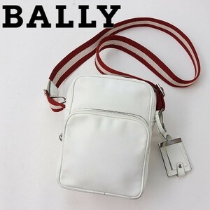 ◆BALLY バリー レザー×キャンバス 斜め掛け ライン ショルダー バッグ ホワイト×レッド