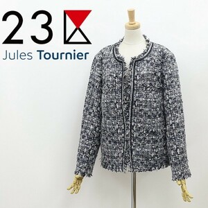 ◆23区 ヘリテージ クラシック コレクション×JULES TOURNIER社 ラメ混 ツイード ノーカラー ジャケット 50 大きいサイズ