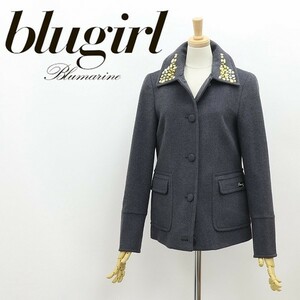 美品◆blugirl ブルーガール ブルマリン カシミヤ混 ビジュー装飾 ウール ショート コート チャコールグレー 38