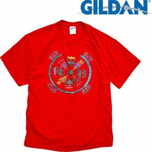 1点物◆ギルダンGILDAN赤アートプリントTシャツ古着メンズL/XLレディースOKアメカジ90sストリート/スポーツ丸首ビッグサイズ中古559240