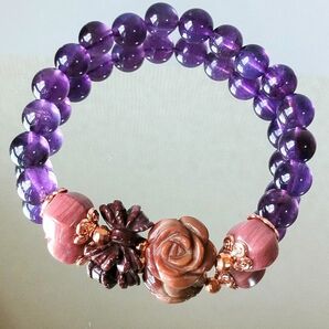 489 リボン&薔薇 アラシャン瑪瑙×アメジスト ピーモンタイト 天然石ブレス