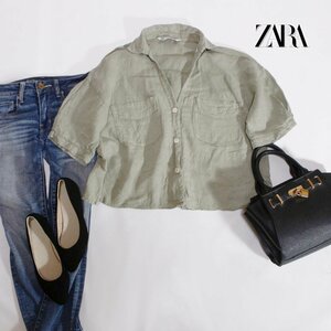 ZARA ザラ ■ 夏 トレンド ショート丈 ゆったり リネンジャケット 半袖ジャケット サマージャケット シャツ M カーキ グリーン 緑 Gジャン