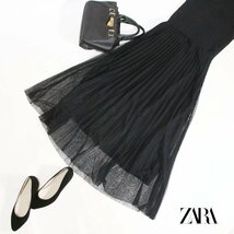 美品 ZARA ザラ 春 夏 ぷっくり ドット柄 チュチュ ロング丈 プリーツスカート フレアスカート チュチュスカート XS ブラック 黒 お洒落_画像1