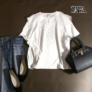 美品 可愛い ZARA ザラ 春 夏 刺繍 レースカラー レース襟 ゆったり Tシャツ カットソー ブラウス M ホワイト 白 立体 ナチュラル 三角襟