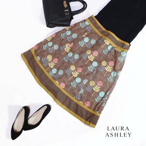 美品 ローラアシュレイ Laura Ashley ■ 春 夏 Aライン ミモレ丈 フラワー プリント フレアスカート 11号 ダークブラウン コットン シャツ