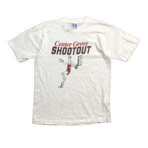 90S USA製 ヴィンテージ SHOOTOUT バスケットボール イラスト オールド Tシャツ メンズL シングルステッチ 白T ホワイト 古着 BA2387