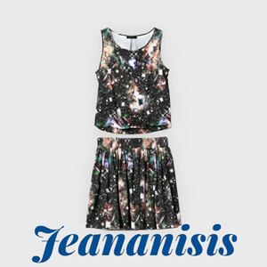 即決！送料無料JEANASIS ノースリーブ カットソー ミニスカート セットアップ　部屋着ホームウェア　総柄　黒　ブラック系上フリーサイズ