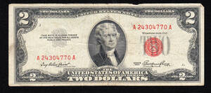 アメリカ紙幣 2ドル（1953）レッドシール[2341]