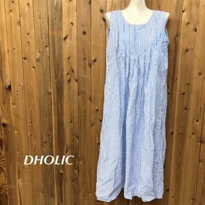 【未使用】DHOLIC＊ディーホリック /レディース ノースリーブワンピース タック入り ストライプ柄 ディープスカイブルー 綿100% ONE SIZE