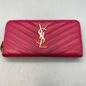 K08014 SAINT LAURENT サンローラン ラウンドファスナー長財布 レザー ピンク Vステッチ ウォレット