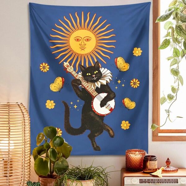 タペストリー 猫 太陽 バンジョー 花 蝶 ボヘミアン キャット ネコ 旗