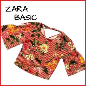 ZARA BASIC ザラ ベーシック 赤 花柄 七分 クロップド キャンディー スリーブ系 ブラウス レディース