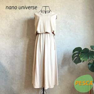 【美品】nano universe ナノユニバース 　ウエストギャザーワンピース ノースリーブ ロングワンピース ベージュ フリーサイズ　675-1219009