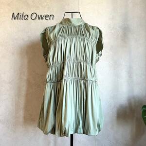 【美品】Mila Owen ミラオーウェン　バックリボンシャーリングバルーンブラウス　０　カーキ　09WFB201129