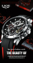 Lige メンズ 腕時計 中空 クロノグラフ スポーツ 防水 ウォッチ ファッション ビジネス 時計 シリコンバンド レッド_画像10