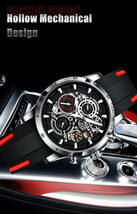 Lige メンズ 腕時計 中空 クロノグラフ スポーツ 防水 ウォッチ ファッション ビジネス 時計 シリコンバンド レッド_画像8
