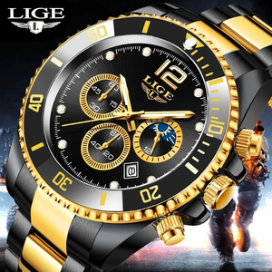 LIGE メンズ 腕時計 高品質 クオーツ カジュアル ビジネス ミリタリー ウォッチ 8924 クロノグラフ 防水 時計 ブラック × ゴールド