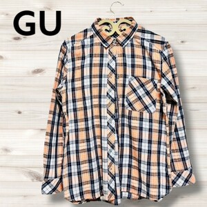 GU ジーユー オレンジ チェック柄 シャツ 長袖 Lサイズ コットン 長袖シャツ ボタンダウンシャツ チェックシャツ 