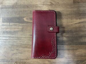 Art hand Auction Handmade leather craft iPhone 12pro notebook-style case, genuine cowhide leather, dyed (burgundy), hand-sewn, accessories, iPhone Cases, For iPhone 12/12 Pro
