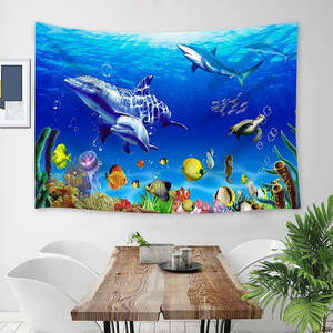 Art hand Auction 海豚鲨鱼挂毯装饰内部海底海洋生物海蓝色改造生物绘画背景布背景, 挂毯, 壁挂, 挂毯, 其他的