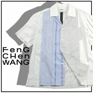 新品 Feng Chen Wang 【パッチワーク ビッグャツ】 SHORT SLEEVE STRIPED SHIRT ドロップショルダー M 半袖シャツ 352698 フェンチェンワン