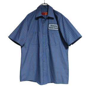 RED KAP 半袖ワークシャツ size M ネイビー ブルー ストライプ ゆうパケットポスト可 胸 ワッペン Oklahoma 古着 洗濯 プレス済 580