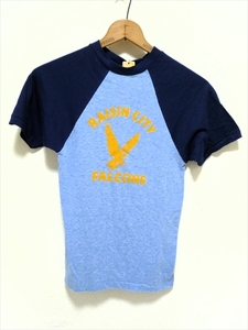 80’ｓ ビンテージ RAISIN CITY FALCONS ラグラン袖 Ｔシャツ 半袖 USA製 S 霜降り水色×ネイビー Velba Sheen ハヤブサ カレッジ系 男女兼