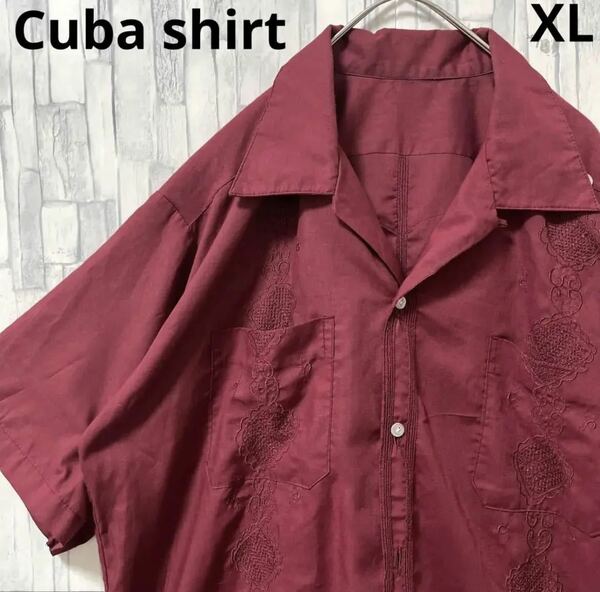 Cuba shirt キューバシャツ オープンカラーシャツ 開襟シャツ 刺繍ロゴ エンジ 半袖 サイズXL 送料無料