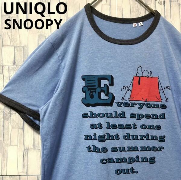 UNIQLO ユニクロ SNOOPY スヌーピー リンガーネック Tシャツ コラボ 半袖 サイズM ブルー ビッグロゴ デカロゴ 送料無料