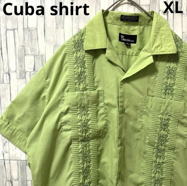 Cuba shirt キューバシャツ オープンカラーシャツ 開襟シャツ グリーン 半袖 サイズXL 送料無料