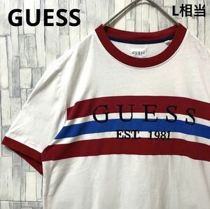 GUESS ゲス リンガー ネック Tシャツ サイズS ホワイト デカロゴ ビッグロゴ ワッペン 刺繍ロゴ 送料無料