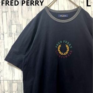 FRED PERRY フレッドペリー 半袖 リンガーネック Tシャツ サイズL ブラック デカロゴ ビッグロゴ 刺繍ロゴ センターロゴ 送料無料