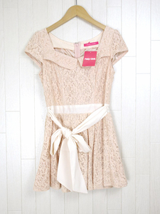  Pinky Girls Pinky Girls blouse lace ribbon French sleeve short sleeves flair pink beige size S lady's 