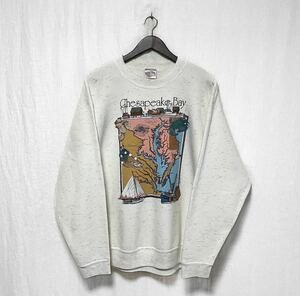 90s ONEITA POWER-SWEATS USA製 ヴィンテージ プリント スウェット トレーナー ホワイト 船 アメリカ湾 動物 魚 XL