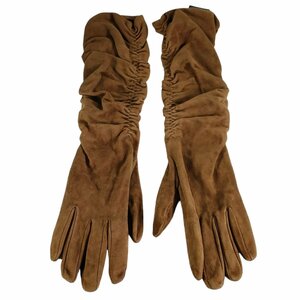 ほぼ美品 GALA GLOVES ガラグローブス スエード×シルク サイドギャザー ロンググローブ 手袋 7 ブラウン J0603