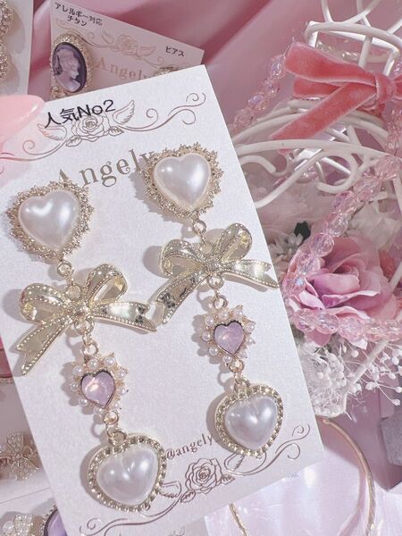 【大人気 再販】パールハートミルキーピンクリボンピアス イヤリング量産型地雷オタク