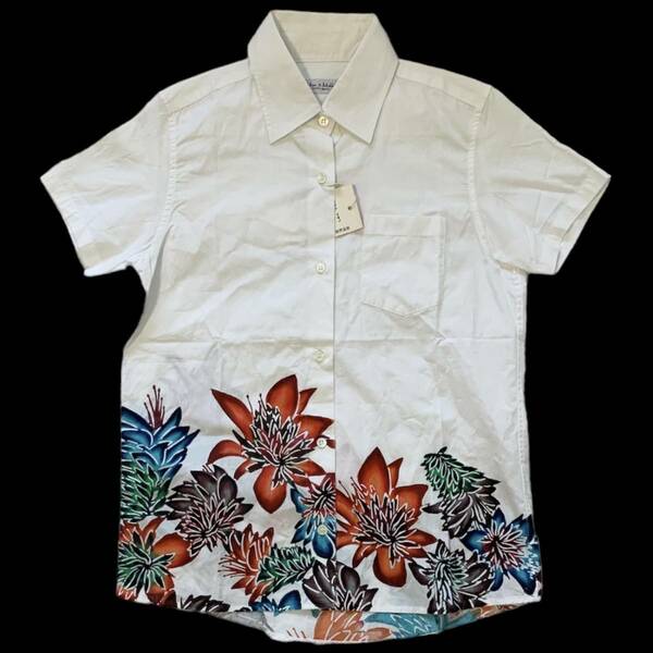 新品 YOKANG購入品 Mari&Makky SHIRTS BACCA かりゆしウェア 半袖シャツ サイズ1 S相当 琉球紅型 型染め 白×植物柄 送料無料