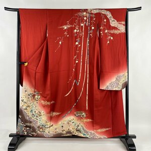 振袖 身丈157.5cm 裄丈64.5cm M 袷 和楽器 花鳥 金銀彩 金糸 赤 正絹 美品 秀品