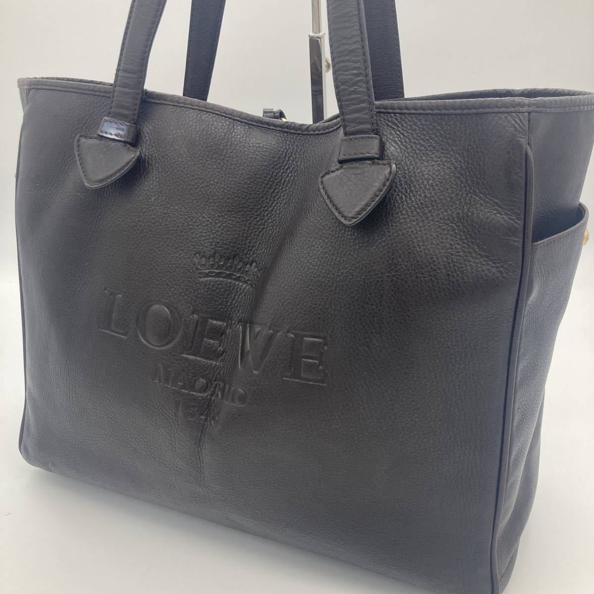 LOEWE ヘリテージ A4可 レザー トートバッグ ダークブラウン ロゴ型押し-