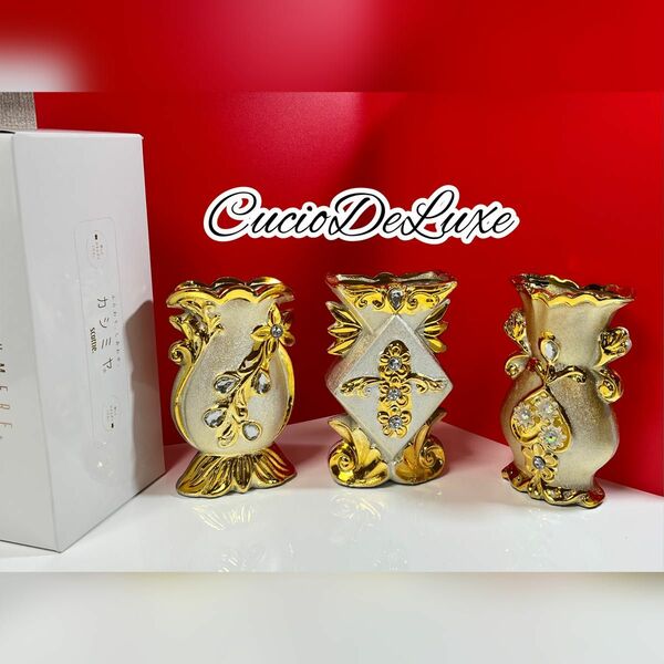  花瓶セット、ポリレジンゴールドカラー、クリスタル&フラワーデザイン#4