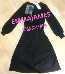 新品　タグ付き　EMMAJAMES　エマジェイムス　ワンピース　黒　M　ベルト付き　裏地付き　プリーツ