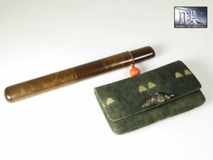 [5585] Meiji era tree ground wave map lacqering tube (... tighten ) original leather ground purse Zaimei metal fittings ( the first goods * purchase goods )