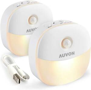 AUVON LEDセンサーライト 2個セット USB充電 マグネット 人感 足元灯 室内 明るさ調節 常夜灯 3つのモード 廊下照明/寝室/玄関/階段 電球色
