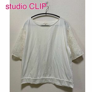 stadio CLIP半袖カットソー　袖透け感　花柄レース　スリット