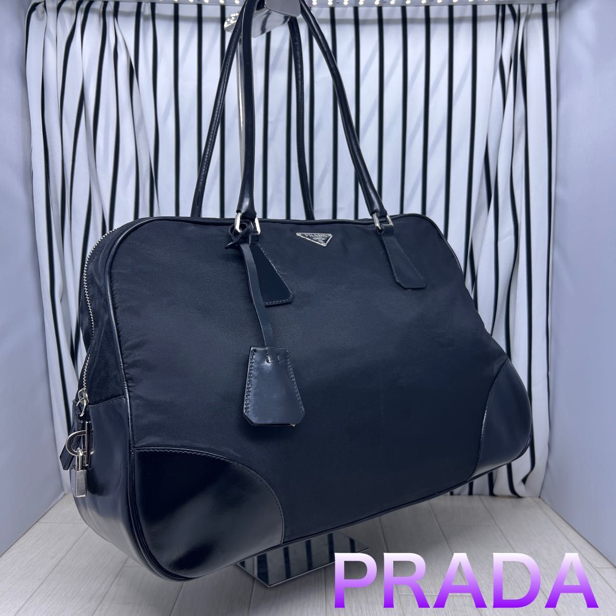 美品 PRADA プラダ ロゴ型押 ハンドバッグ ボストンバッグ ショルダー