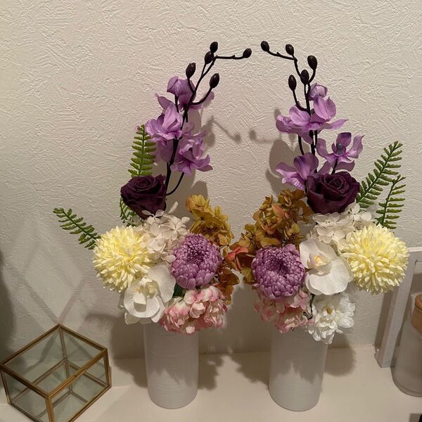 プリザーブドフラワー仏花 お供え お彼岸 マム 紫 偲ぶ花 アーティフィシャルフラワー プリザーブドフラワー 一対