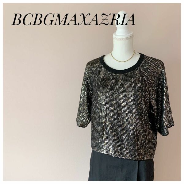 セレブ御用達　ゴージャス　BCBGMAXAZRIA 黒×ゴールド スパンコール 半袖トップス